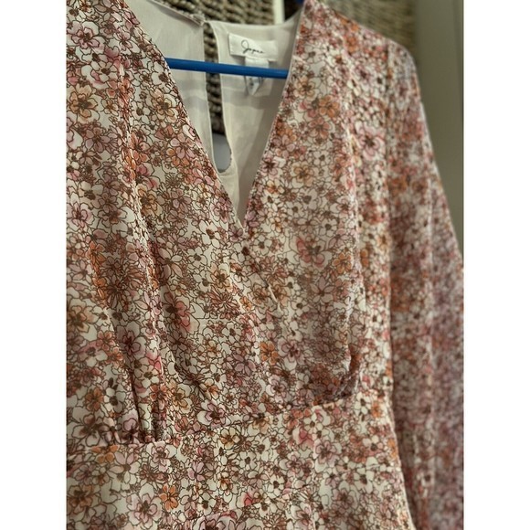 Japna Pink/Peach Floral Print Long Sleeve Tiered Faux Wrap Mini Dress, Sz Small - Picture 3 of 8